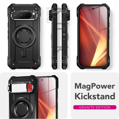 NALIA Magnetische Panzerhülle für Google Pixel 9 Pro XL – MagSafe kompatibel & Kamera-Stand – GRANITE (Outdoor Schutzhülle Stoßfest) – Marke aus Berlin