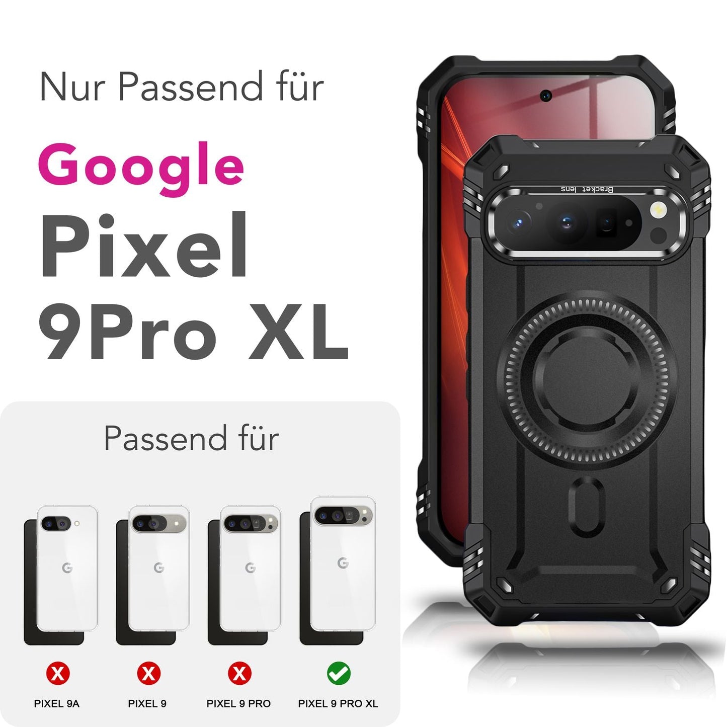 NALIA Magnetische Panzerhülle für Google Pixel 9 Pro XL – MagSafe kompatibel & Kamera-Stand – GRANITE (Outdoor Schutzhülle Stoßfest) – Marke aus Berlin