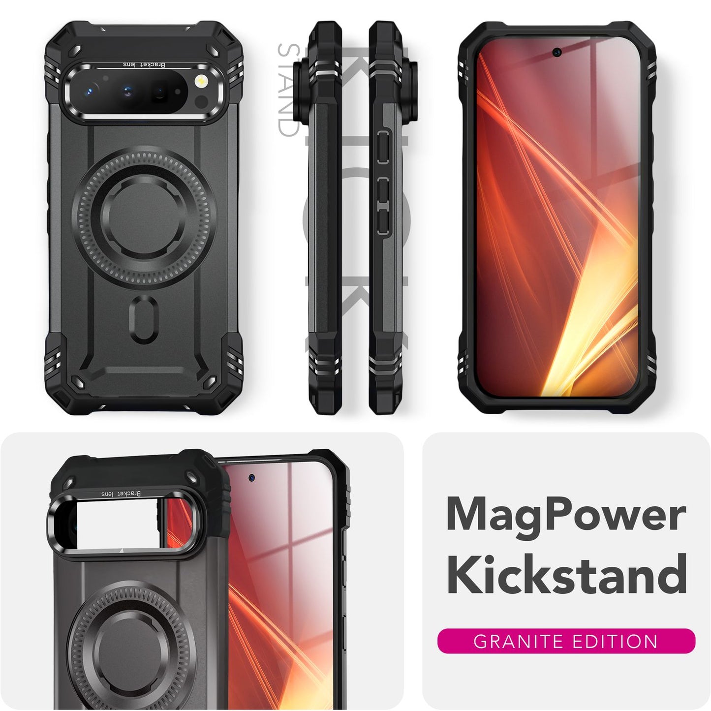 NALIA Magnetische Panzerhülle für Google Pixel 9 Pro XL – MagSafe kompatibel & Kamera-Stand – GRANITE (Outdoor Schutzhülle Stoßfest) – Marke aus Berlin