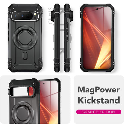 NALIA Magnetische Panzerhülle für Google Pixel 9 Pro XL – MagSafe kompatibel & Kamera-Stand – GRANITE (Outdoor Schutzhülle Stoßfest) – Marke aus Berlin