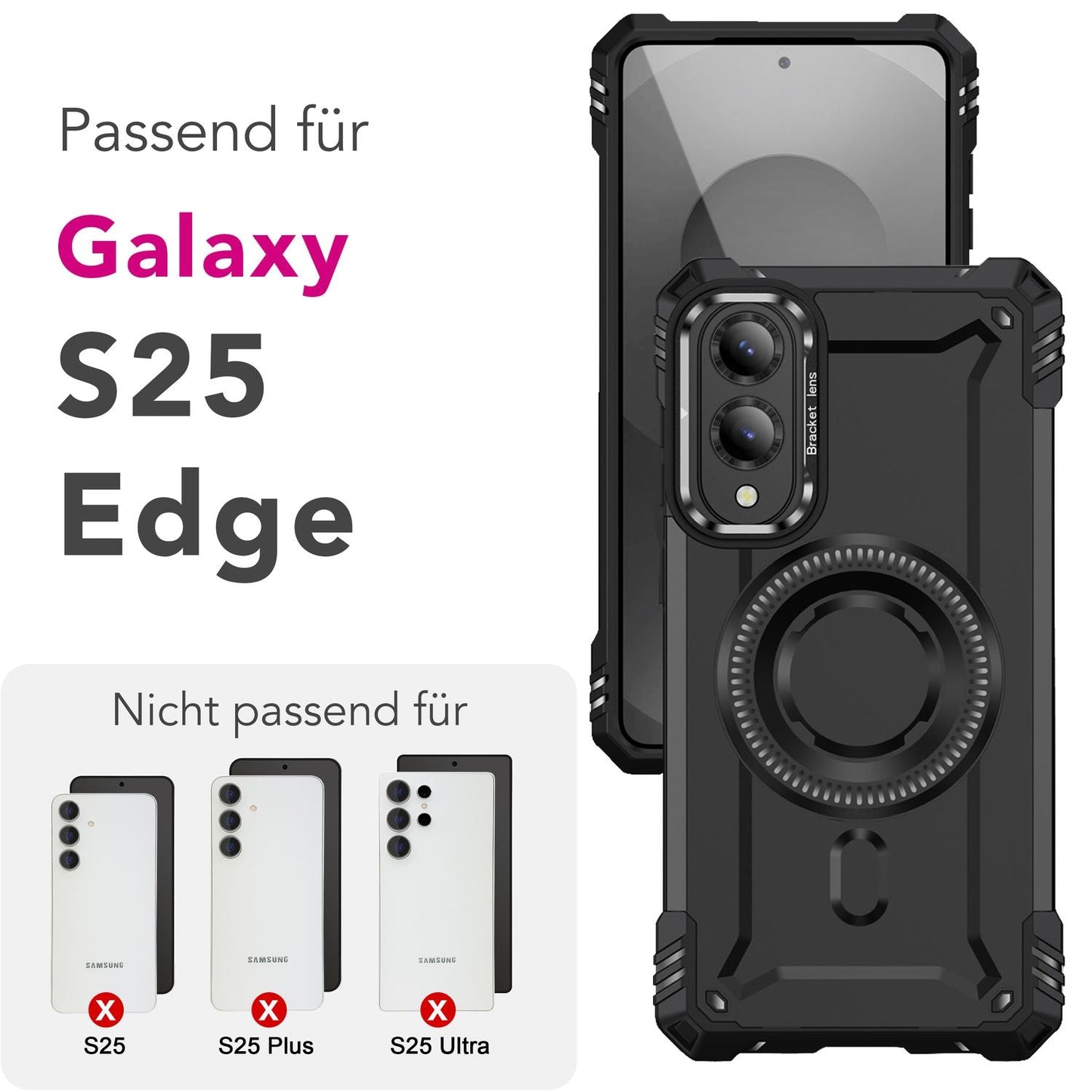 NALIA Magnetische Panzerhülle für Samsung Galaxy S25 Edge – MagSafe kompatibel & Kamera-Stand – GRANITE (Outdoor Schutzhülle Stoßfest) – Marke aus Berlin