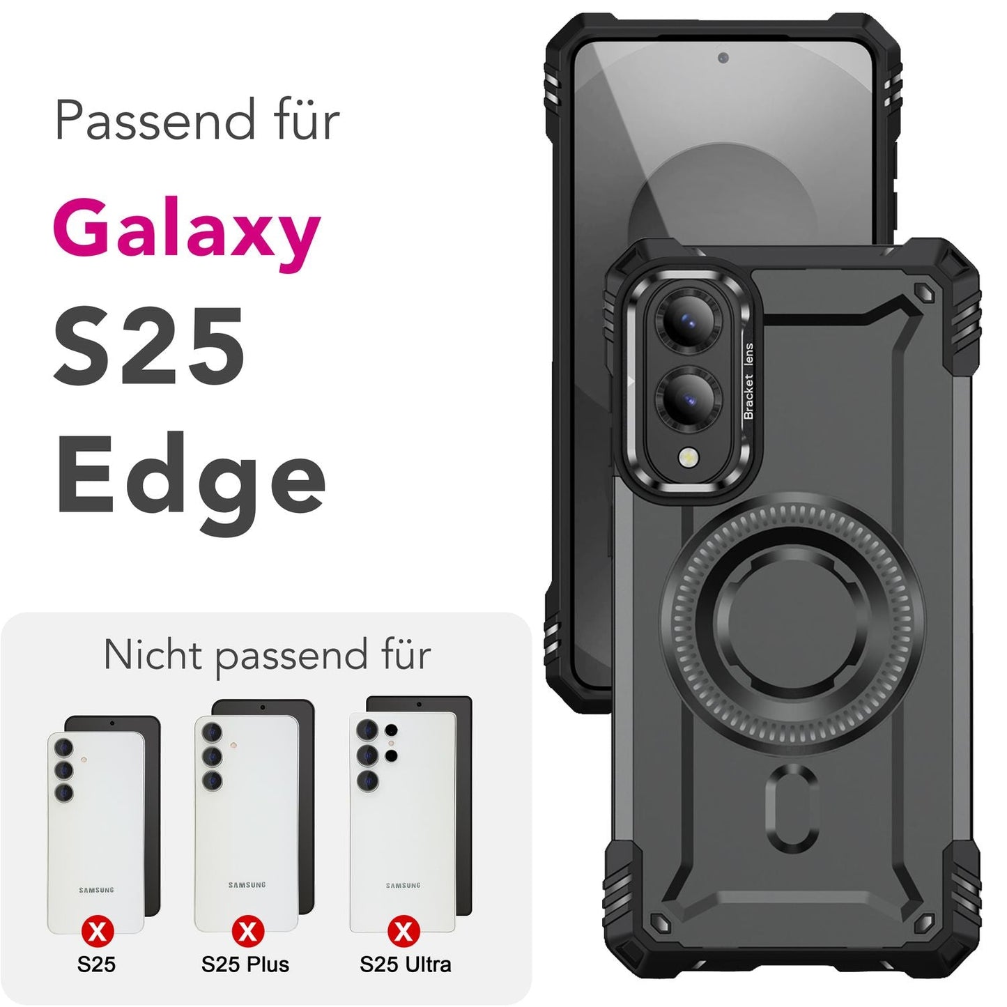 NALIA Magnetische Panzerhülle für Samsung Galaxy S25 Edge – MagSafe kompatibel & Kamera-Stand – GRANITE (Outdoor Schutzhülle Stoßfest) – Marke aus Berlin