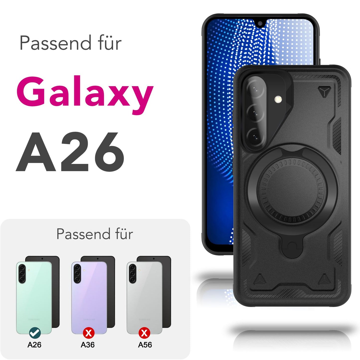 NALIA Magnetische Panzerhülle für Samsung Galaxy A26 – Ring-Halterung 360° & MagSafe kompatibel – STORMGUARD (Outdoor Case) – Marke aus Berlin