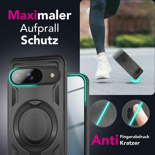 NALIA Magnetische Panzerhülle für Google Pixel 9 – Ring-Halterung 360° & MagSafe kompatibel – STORMGUARD (Outdoor Case) – Marke aus Berlin
