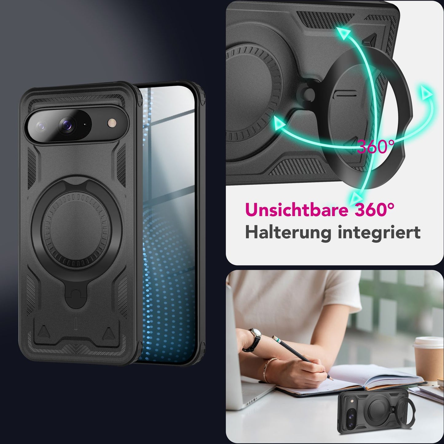 NALIA Magnetische Panzerhülle für Google Pixel 9 – Ring-Halterung 360° & MagSafe kompatibel – STORMGUARD (Outdoor Case) – Marke aus Berlin