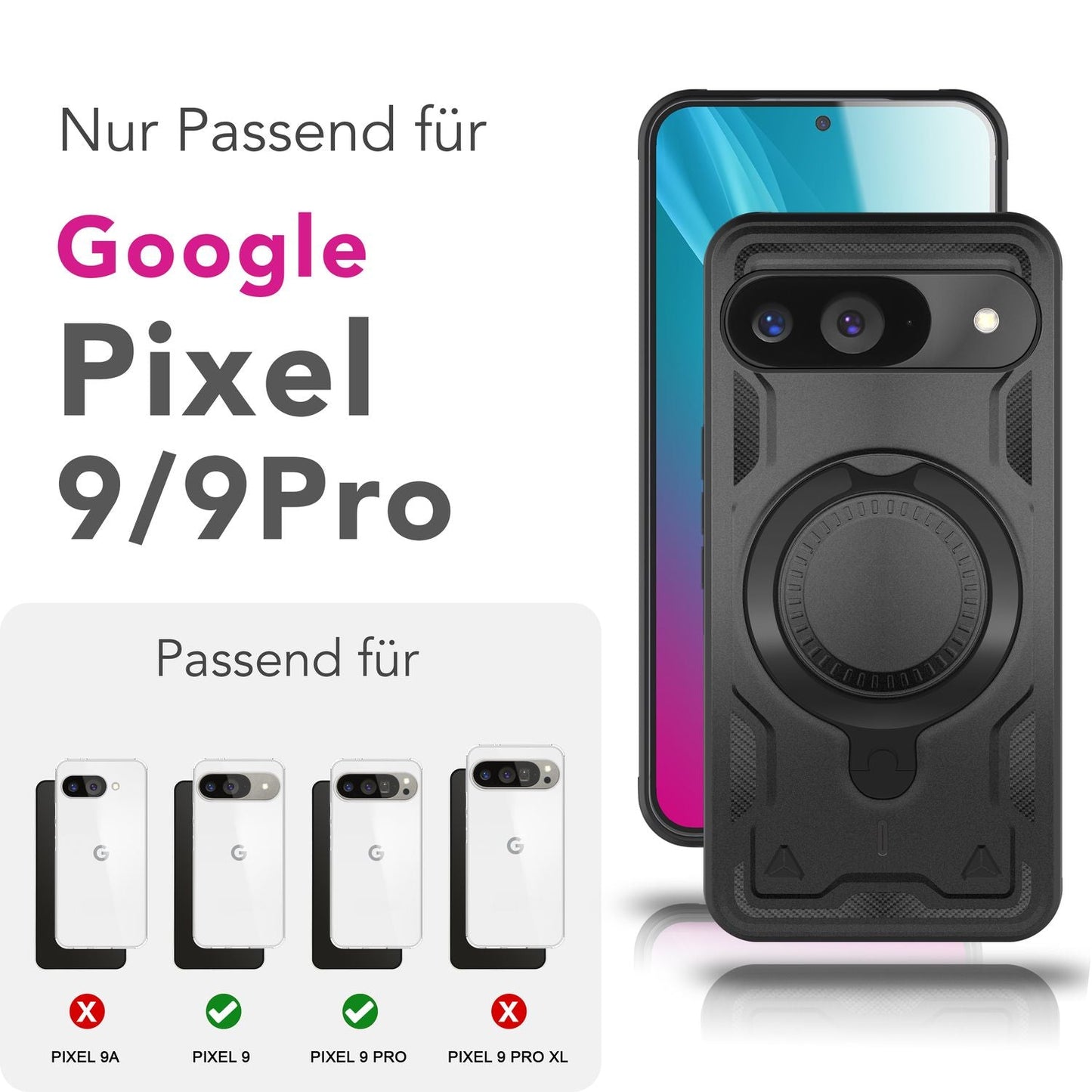 NALIA Magnetische Panzerhülle für Google Pixel 9 – Ring-Halterung 360° & MagSafe kompatibel – STORMGUARD (Outdoor Case) – Marke aus Berlin