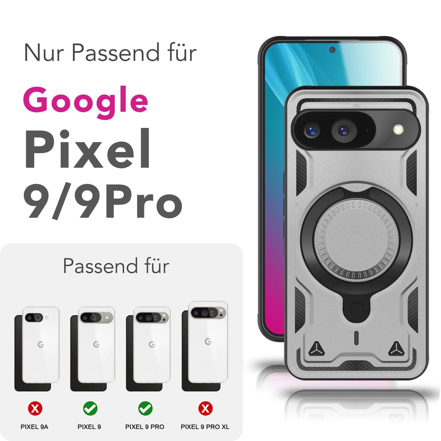 NALIA Magnetische Panzerhülle für Google Pixel 9 – Ring-Halterung 360° & MagSafe kompatibel – STORMGUARD (Outdoor Case) – Marke aus Berlin
