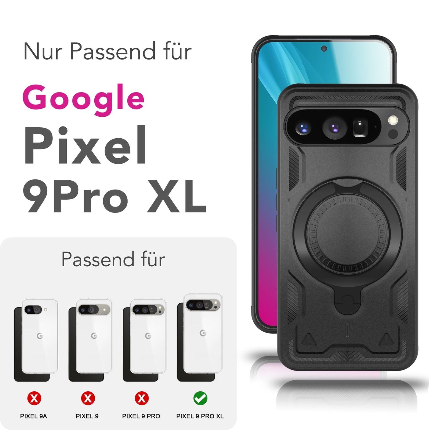 NALIA Magnetische Panzerhülle für Google Pixel 9 Pro XL – Ring-Halterung 360° & MagSafe kompatibel – STORMGUARD (Outdoor Case) – Marke aus Berlin