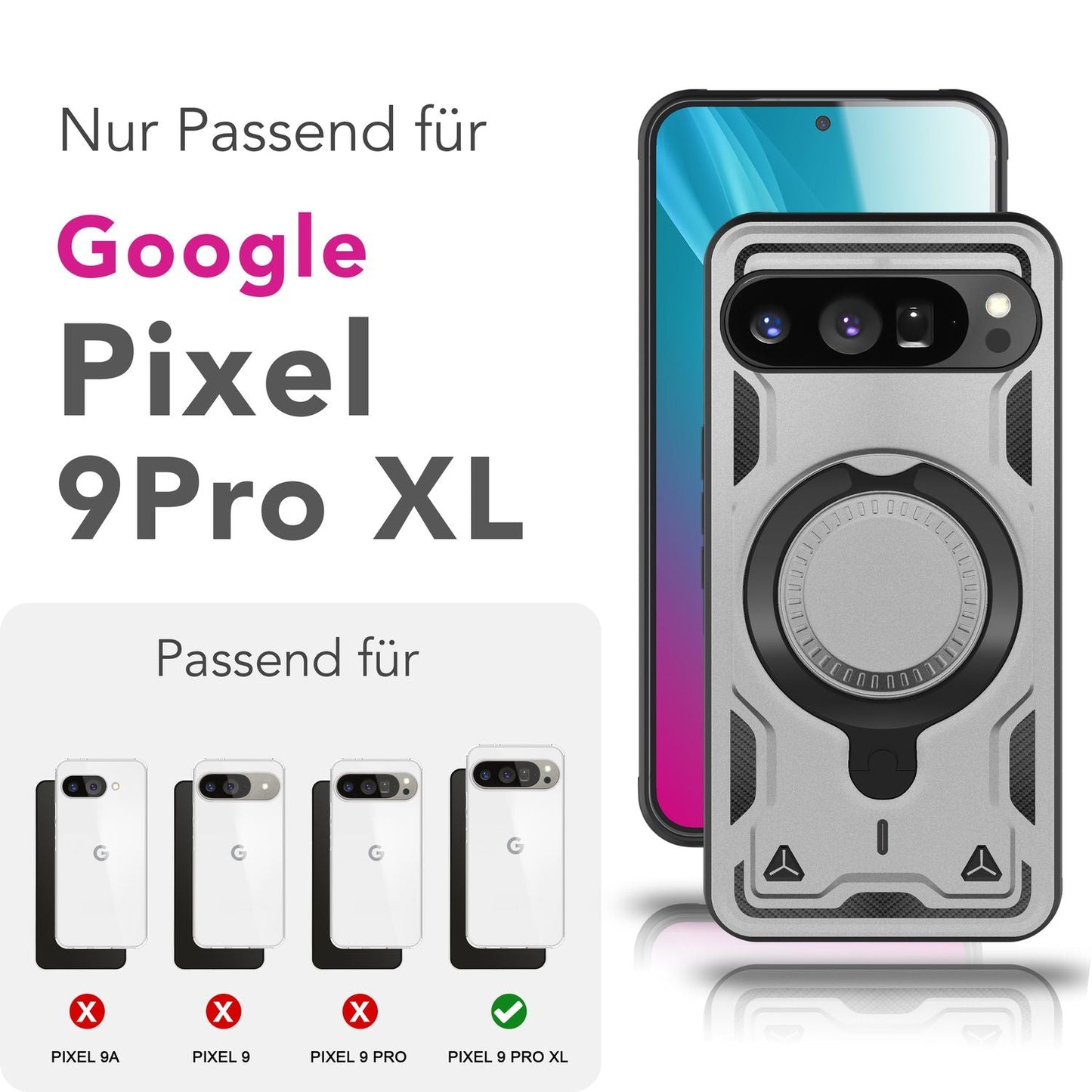 NALIA Magnetische Panzerhülle für Google Pixel 9 Pro XL – Ring-Halterung 360° & MagSafe kompatibel – STORMGUARD (Outdoor Case) – Marke aus Berlin