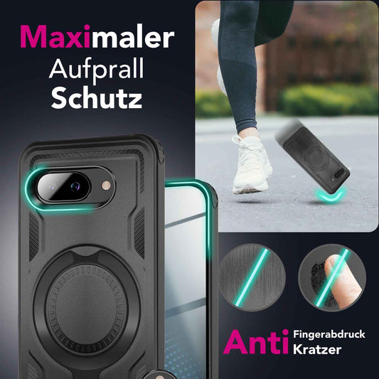 NALIA Magnetische Panzerhülle für Google Pixel 9a – Ring-Halterung 360° & MagSafe kompatibel – STORMGUARD (Outdoor Case) – Marke aus Berlin