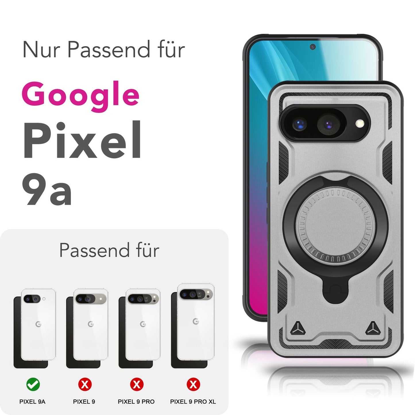 NALIA Magnetische Panzerhülle für Google Pixel 9a – Ring-Halterung 360° & MagSafe kompatibel – STORMGUARD (Outdoor Case) – Marke aus Berlin