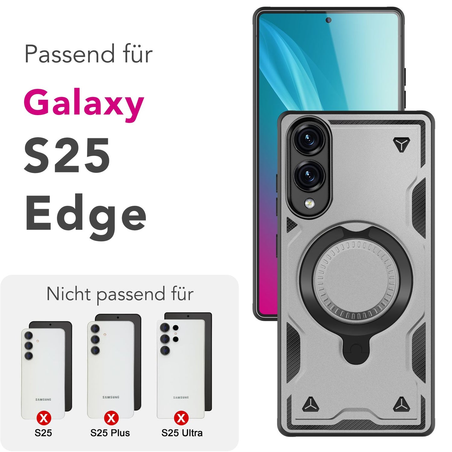 NALIA Magnetische Panzerhülle für Samsung Galaxy S25 Edge – Ring-Halterung 360° & MagSafe kompatibel – STORMGUARD (Outdoor Case) – Marke aus Berlin
