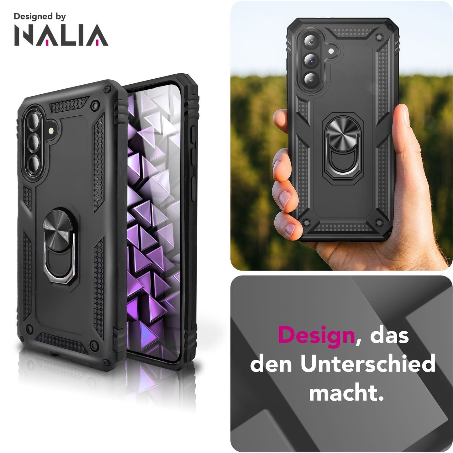 NALIA Panzerhülle für Samsung Galaxy A36 – Ring-Ständer 360° & Magnet-Halterung Kompatibel – RINGDEFEND (Stoßfestes Outdoor Case) – Marke aus Berlin