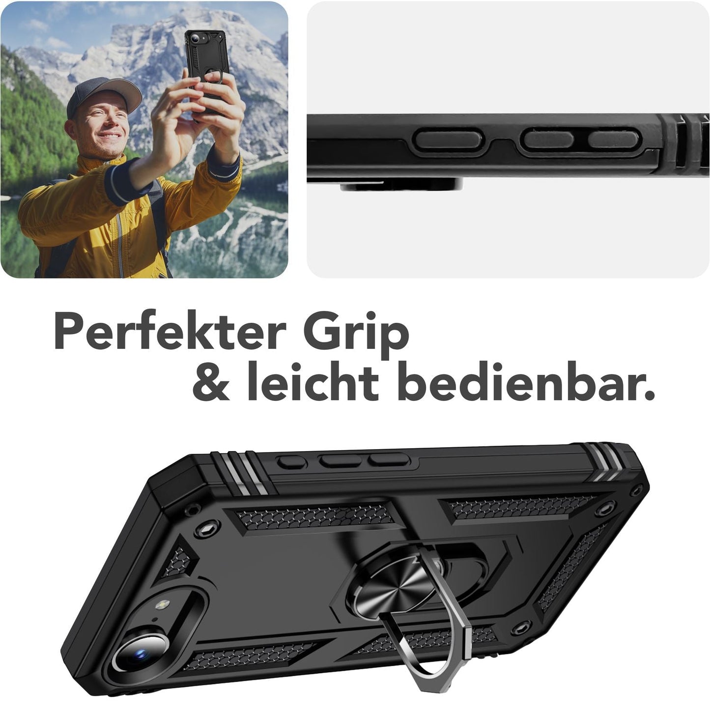 NALIA Panzerhülle für iPhone 16e / 17e – Ring-Ständer 360° & Magnet-Halterung Kompatibel – RINGDEFEND (Stoßfestes Outdoor Case) – Marke aus Berlin