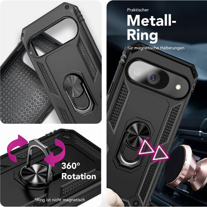 NALIA Panzerhülle für Google Pixel 9 – Ring-Ständer 360° & Magnet-Halterung Kompatibel – RINGDEFEND (Stoßfestes Outdoor Case) – Marke aus Berlin