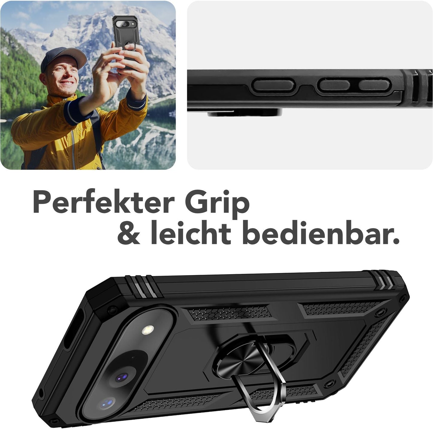NALIA Panzerhülle für Google Pixel 9 – Ring-Ständer 360° & Magnet-Halterung Kompatibel – RINGDEFEND (Stoßfestes Outdoor Case) – Marke aus Berlin