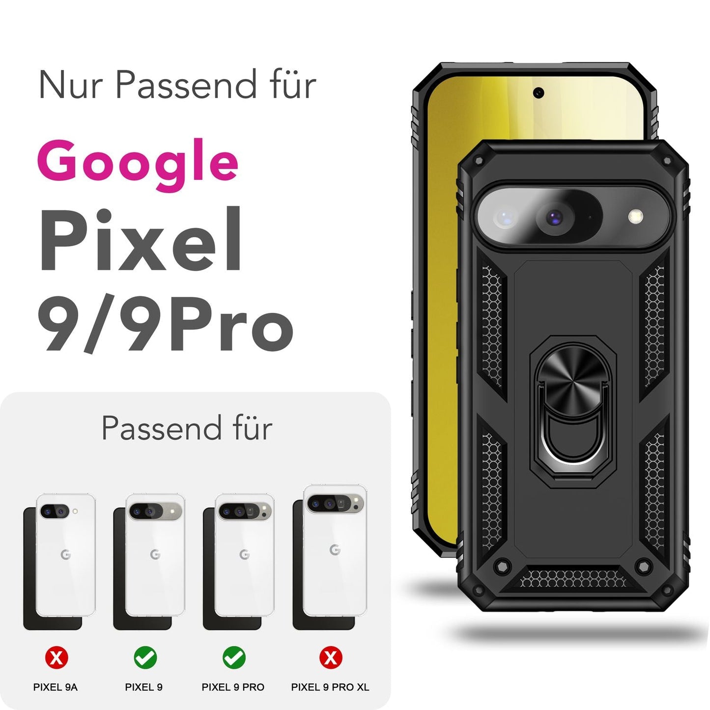 NALIA Panzerhülle für Google Pixel 9 – Ring-Ständer 360° & Magnet-Halterung Kompatibel – RINGDEFEND (Stoßfestes Outdoor Case) – Marke aus Berlin