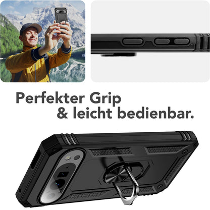 NALIA Panzerhülle für Google Pixel 9 Pro XL – Ring-Ständer 360° & Magnet-Halterung Kompatibel – RINGDEFEND (Stoßfestes Outdoor Case) – Marke aus Berlin