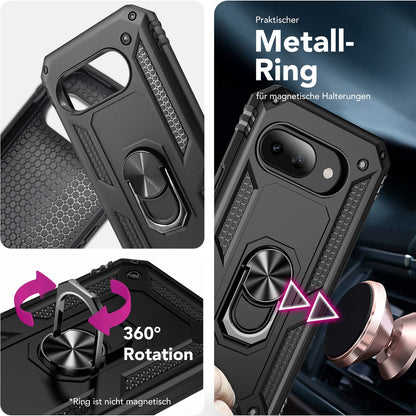 NALIA Panzerhülle für Google Pixel 9a – Ring-Ständer 360° & Magnet-Halterung Kompatibel – RINGDEFEND (Stoßfestes Outdoor Case) – Marke aus Berlin