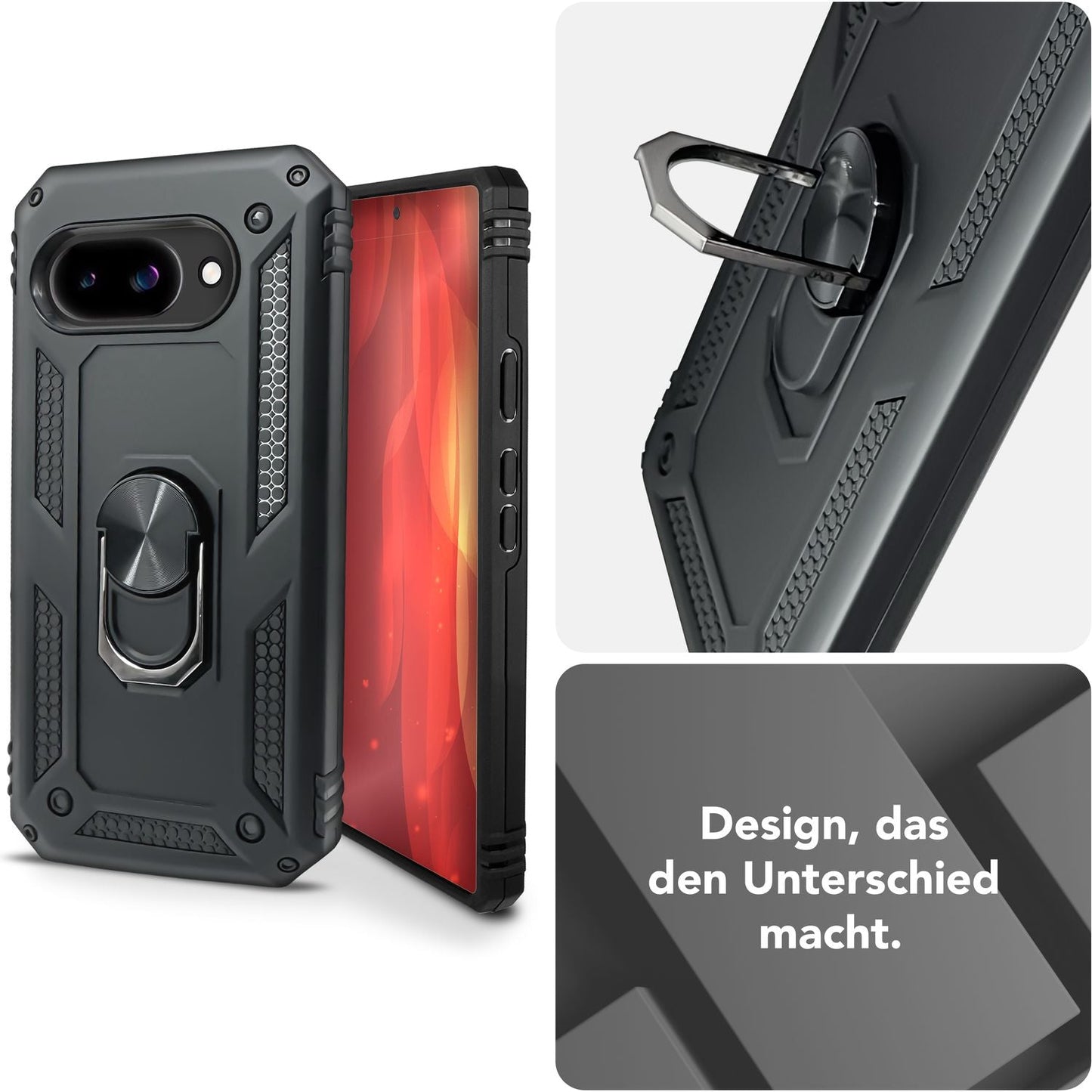 NALIA Panzerhülle für Google Pixel 9a – Ring-Ständer 360° & Magnet-Halterung Kompatibel – RINGDEFEND (Stoßfestes Outdoor Case) – Marke aus Berlin