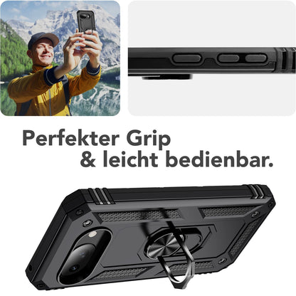 NALIA Panzerhülle für Google Pixel 9a – Ring-Ständer 360° & Magnet-Halterung Kompatibel – RINGDEFEND (Stoßfestes Outdoor Case) – Marke aus Berlin