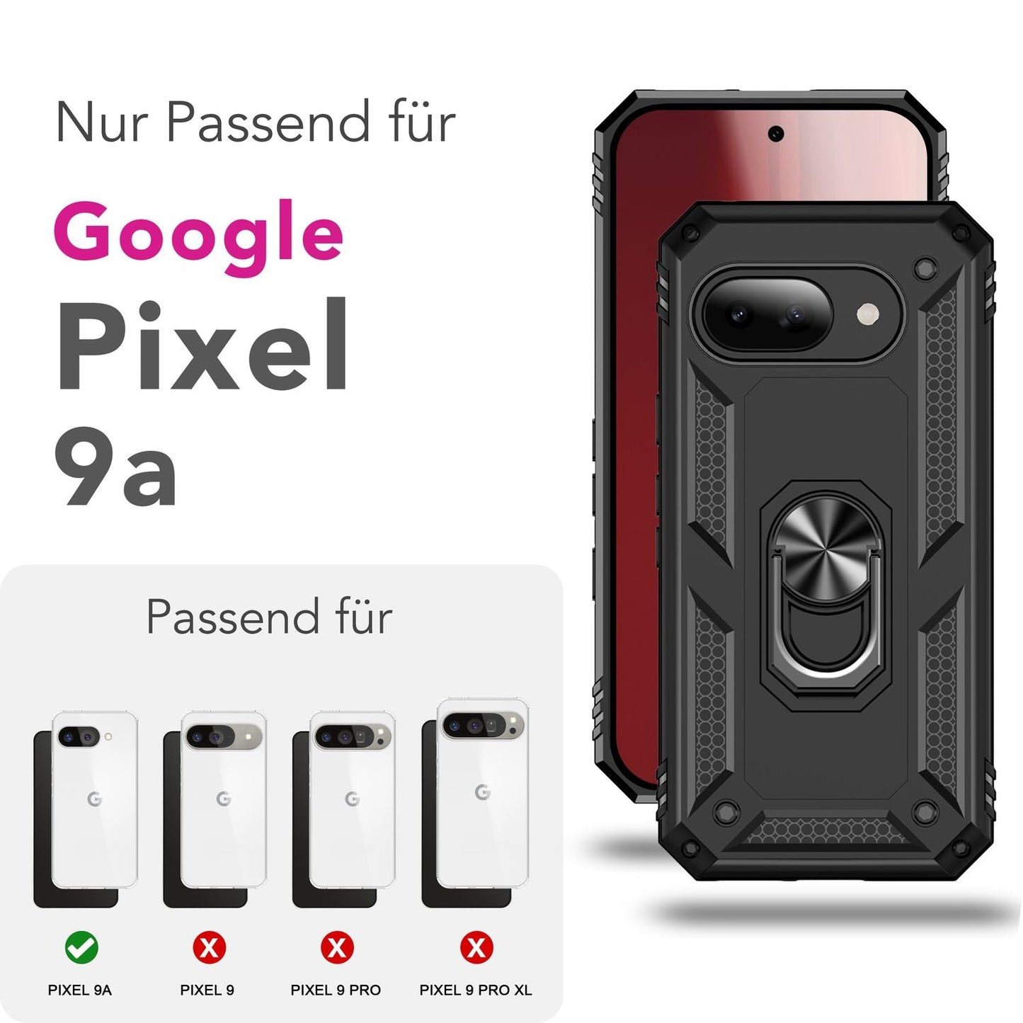 NALIA Panzerhülle für Google Pixel 9a – Ring-Ständer 360° & Magnet-Halterung Kompatibel – RINGDEFEND (Stoßfestes Outdoor Case) – Marke aus Berlin