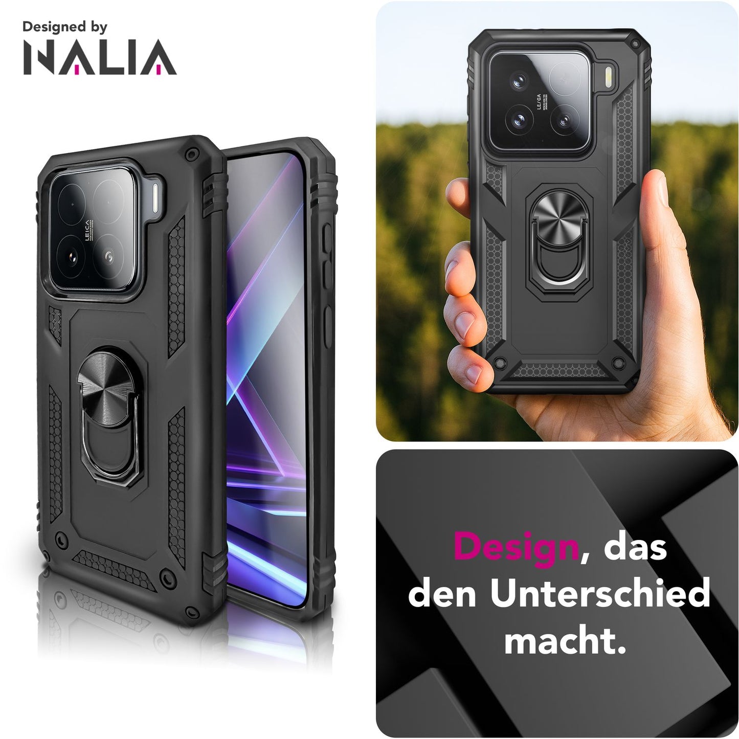 NALIA Panzerhülle für Xiaomi 15 – Ring-Ständer 360° & Magnet-Halterung Kompatibel – RINGDEFEND (Stoßfestes Outdoor Case) – Marke aus Berlin