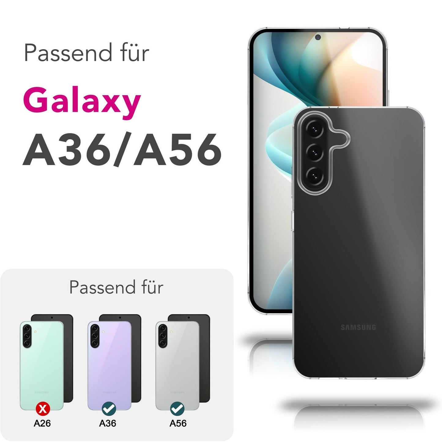 NALIA Transparente Silikonhülle für Samsung Galaxy A36 / A56 – Anti-Gelb & Rutschfest – GLAZE (Handyhülle Kristallklar, Schlank & Stoßfest) – Marke aus Berlin