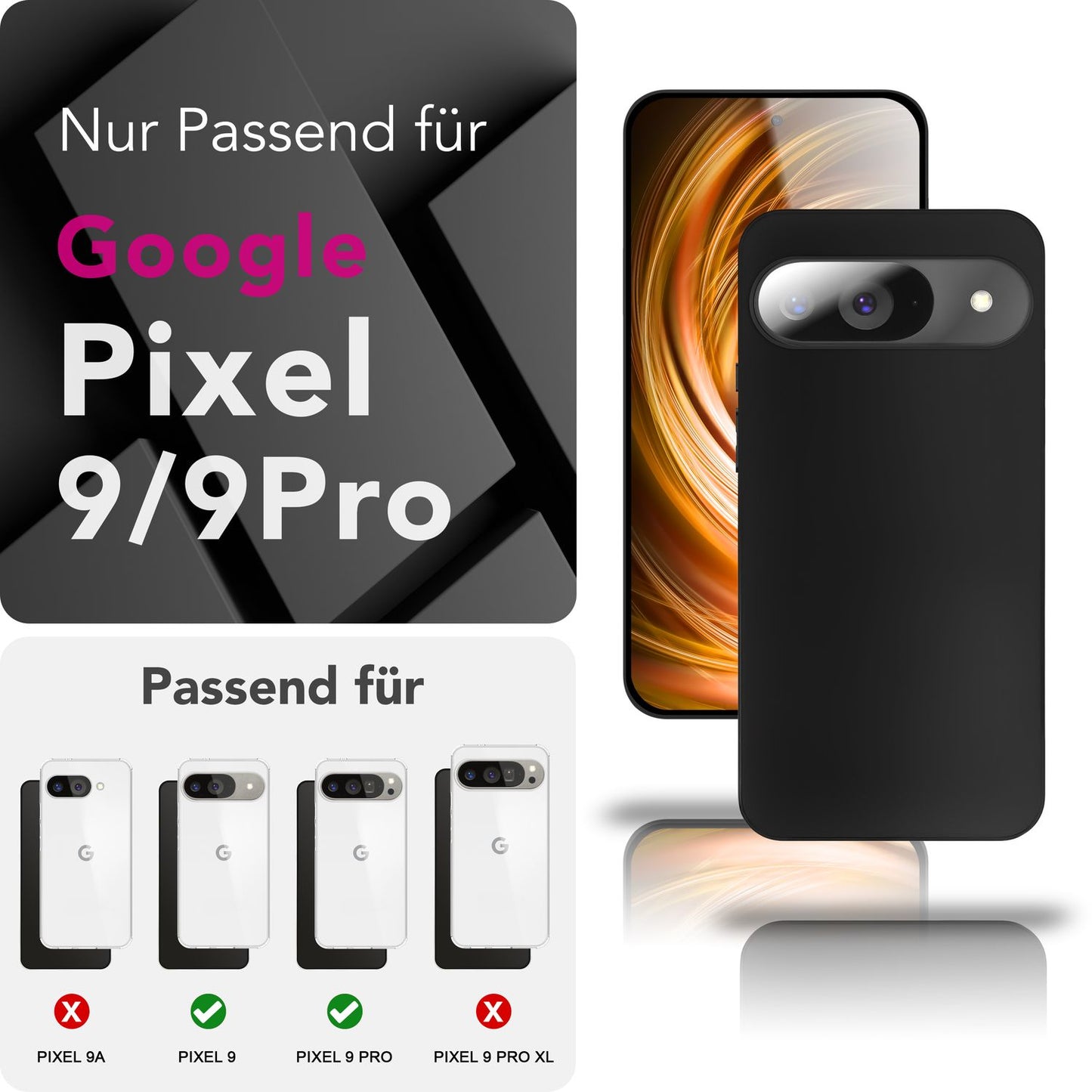 NALIA Matte Silikonhülle für Google Pixel 9 – Slim, Schwarz & Rutschfest – STRIDER (Soft Case, Kameraschutz & Stoßfest) – Marke aus Berlin