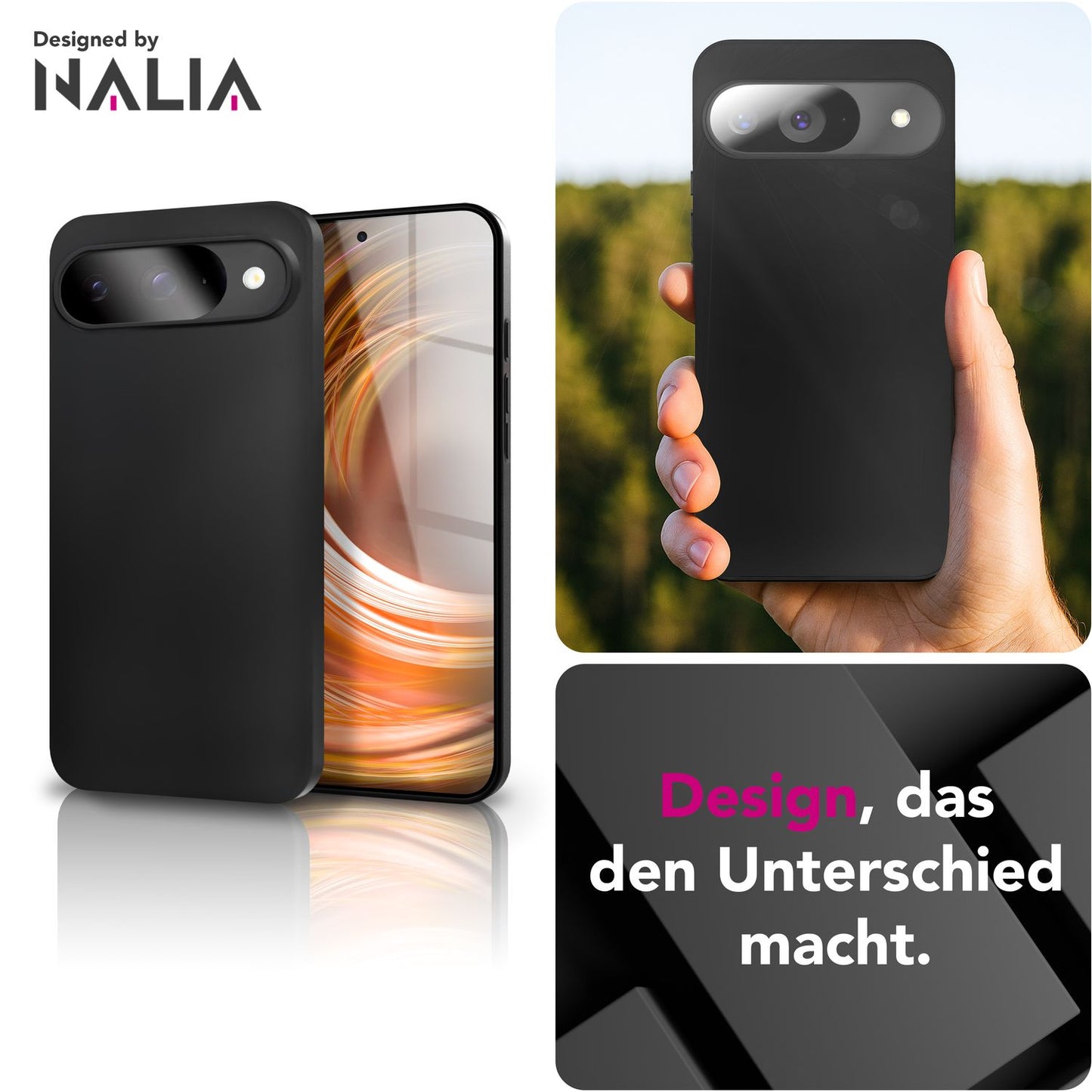 NALIA Matte Silikonhülle für Google Pixel 9 – Slim, Schwarz & Rutschfest – STRIDER (Soft Case, Kameraschutz & Stoßfest) – Marke aus Berlin