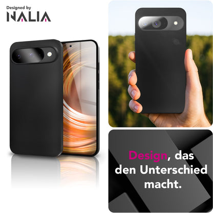 NALIA Matte Silikonhülle für Google Pixel 9 – Slim, Schwarz & Rutschfest – STRIDER (Soft Case, Kameraschutz & Stoßfest) – Marke aus Berlin