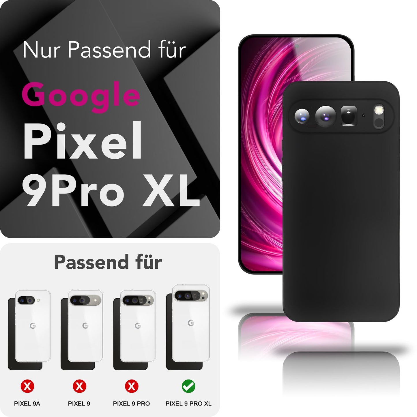 NALIA Matte Silikonhülle für Google Pixel 9 Pro XL – Slim, Schwarz & Rutschfest – STRIDER (Soft Case, Kameraschutz & Stoßfest) – Marke aus Berlin