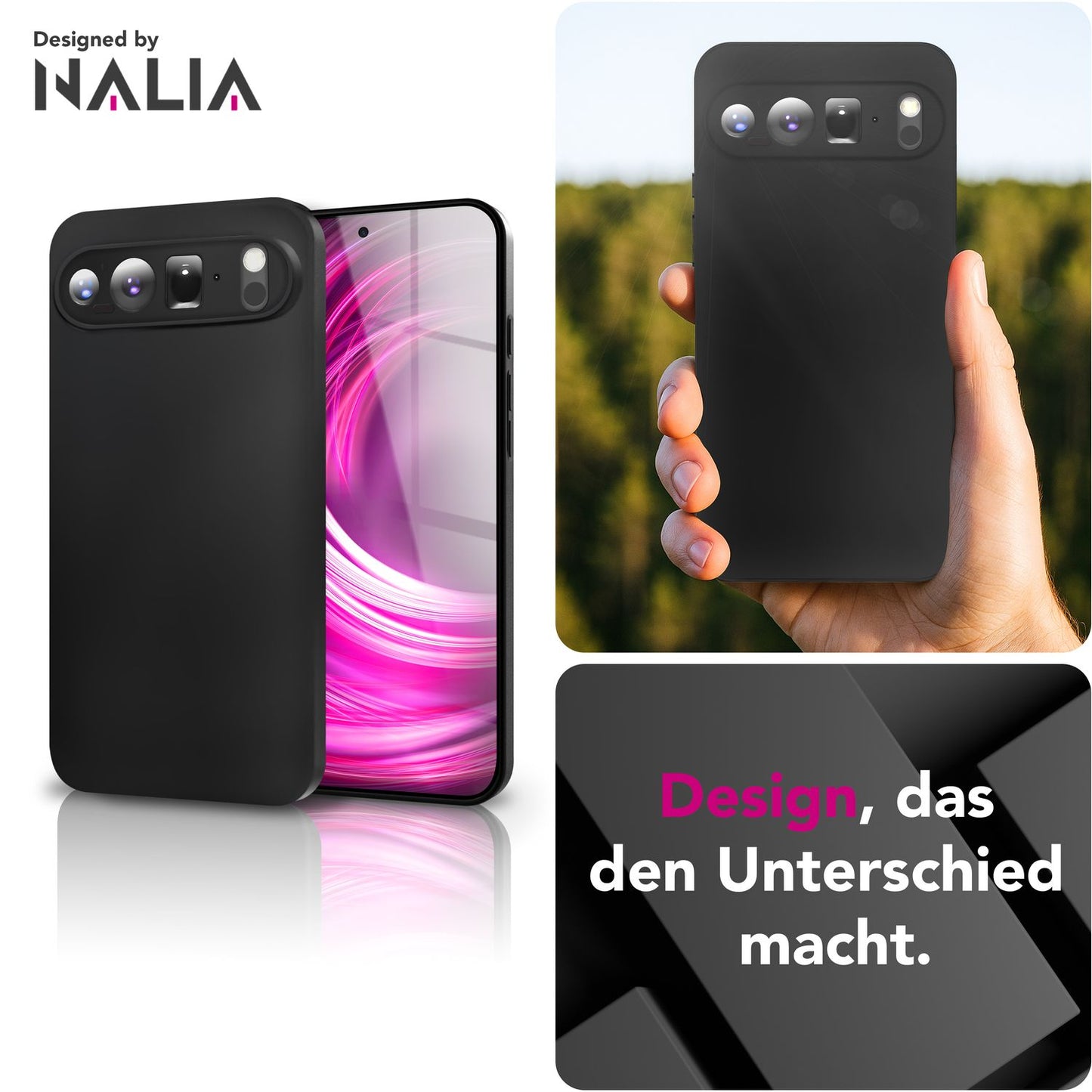 NALIA Matte Silikonhülle für Google Pixel 9 Pro XL – Slim, Schwarz & Rutschfest – STRIDER (Soft Case, Kameraschutz & Stoßfest) – Marke aus Berlin