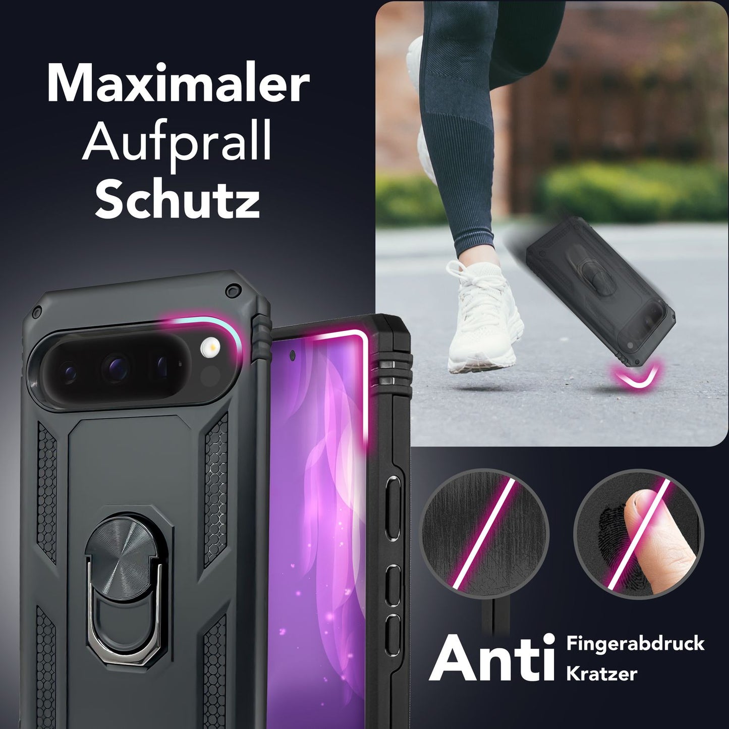 NALIA Panzerhülle für Google Pixel 9 Pro – Ring-Ständer 360° & Magnet-Halterung Kompatibel – RINGDEFEND (Stoßfestes Outdoor Case) – Marke aus Berlin