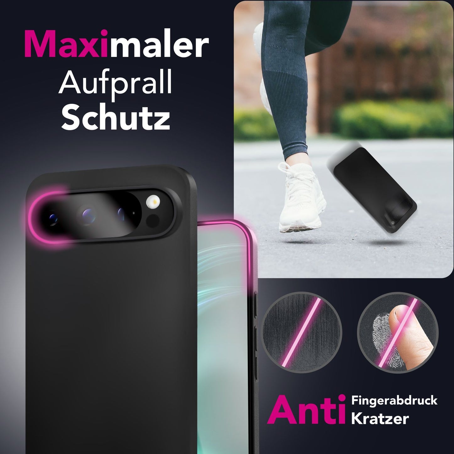 NALIA Matte Silikonhülle für Google Pixel 9 Pro – Slim, Schwarz & Rutschfest – STRIDER (Soft Case, Kameraschutz & Stoßfest) – Marke aus Berlin