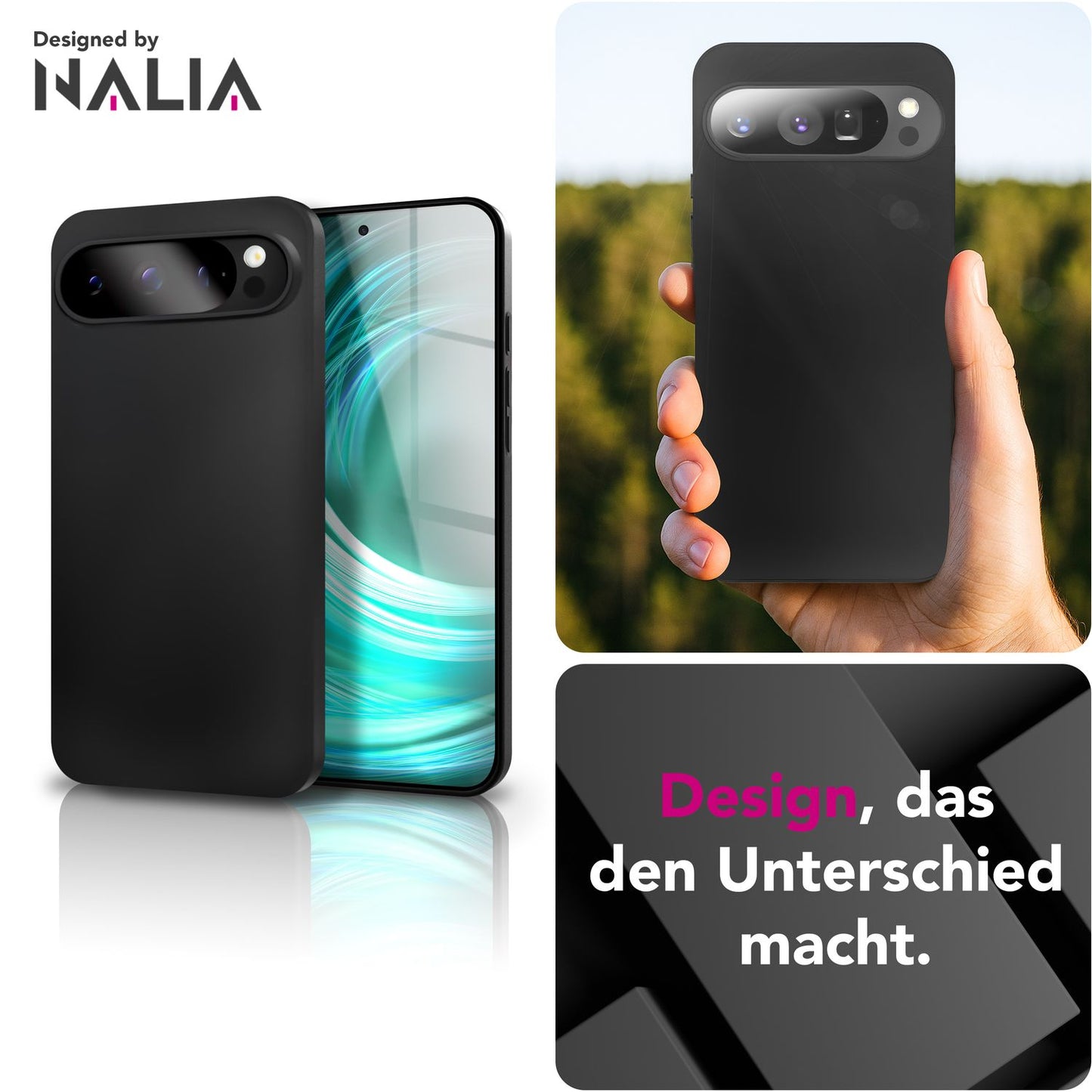 NALIA Matte Silikonhülle für Google Pixel 9 Pro – Slim, Schwarz & Rutschfest – STRIDER (Soft Case, Kameraschutz & Stoßfest) – Marke aus Berlin