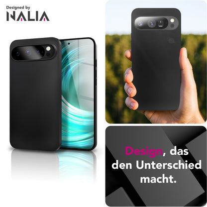 NALIA Matte Silikonhülle für Google Pixel 9 Pro – Slim, Schwarz & Rutschfest – STRIDER (Soft Case, Kameraschutz & Stoßfest) – Marke aus Berlin