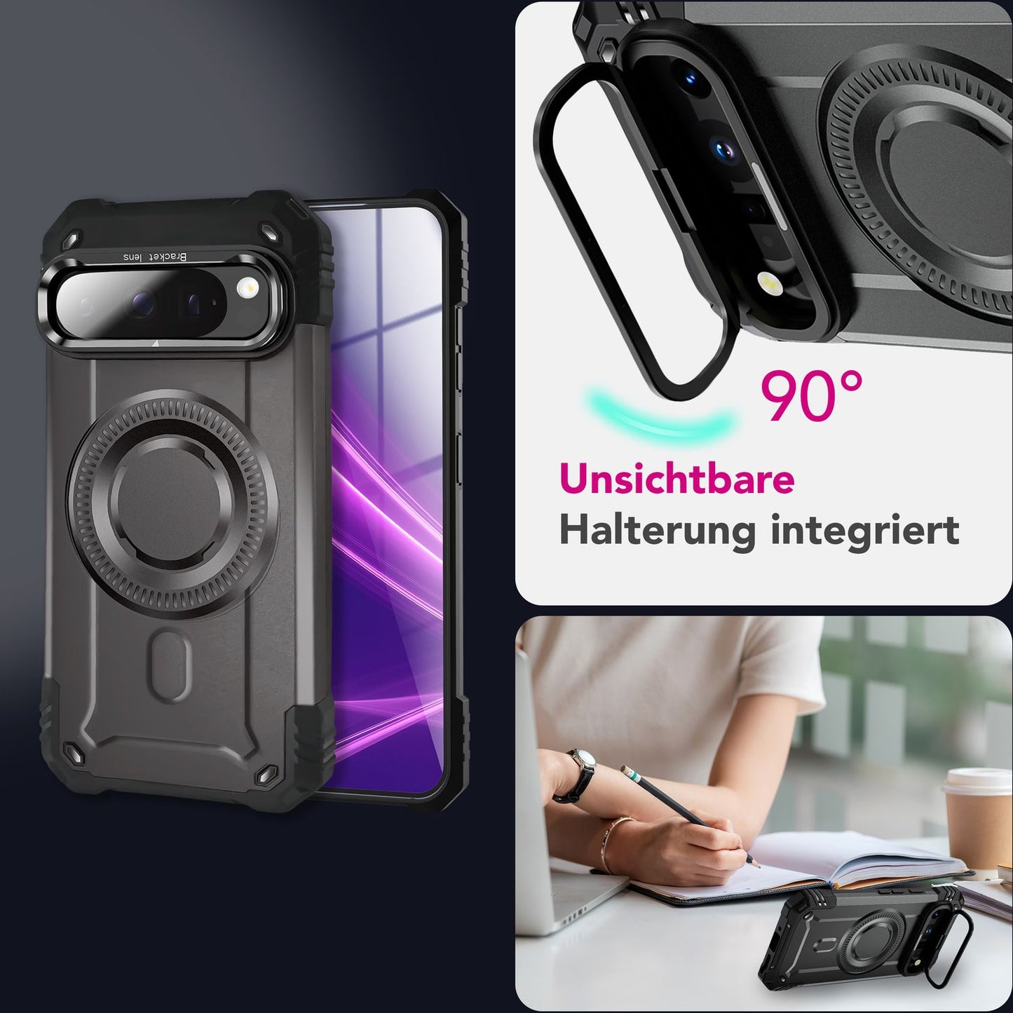 NALIA Magnetische Panzerhülle für Google Pixel 9 Pro – MagSafe kompatibel & Kamera-Stand – GRANITE (Outdoor Schutzhülle Stoßfest) – Marke aus Berlin