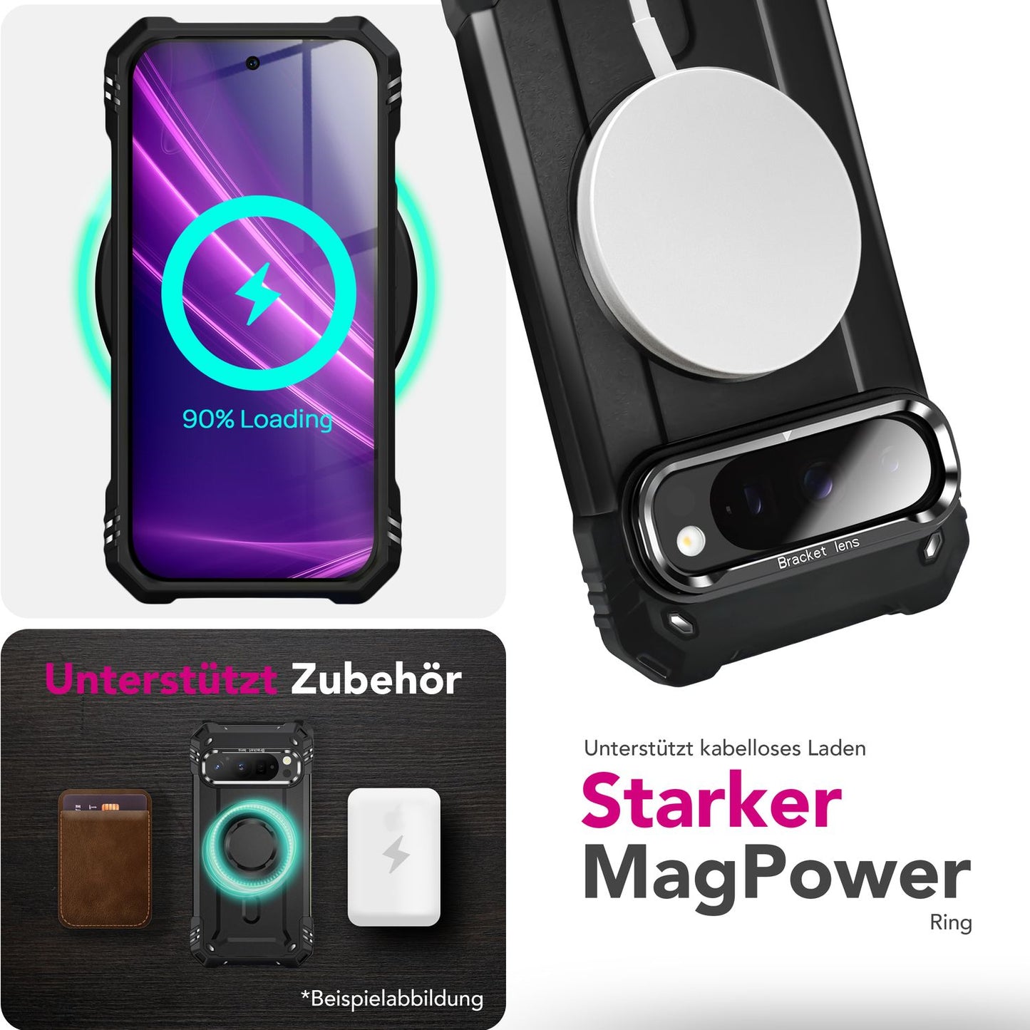 NALIA Magnetische Panzerhülle für Google Pixel 9 Pro – MagSafe kompatibel & Kamera-Stand – GRANITE (Outdoor Schutzhülle Stoßfest) – Marke aus Berlin