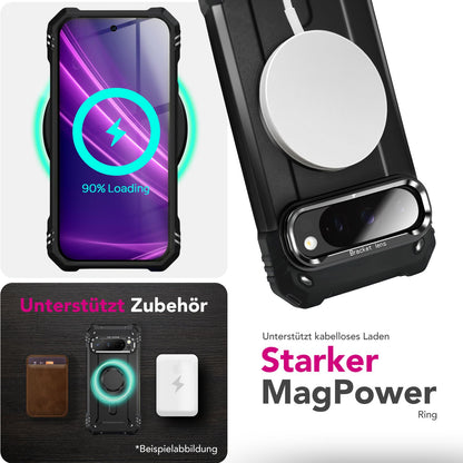 NALIA Magnetische Panzerhülle für Google Pixel 9 Pro – MagSafe kompatibel & Kamera-Stand – GRANITE (Outdoor Schutzhülle Stoßfest) – Marke aus Berlin