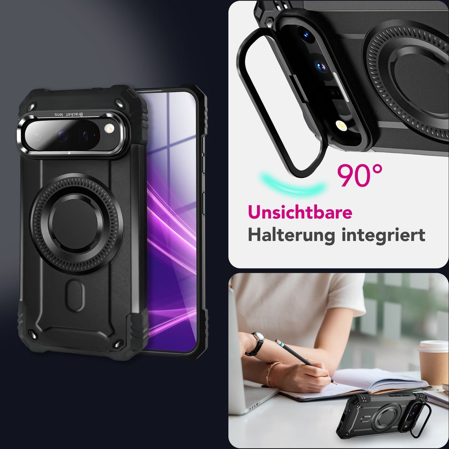 NALIA Magnetische Panzerhülle für Google Pixel 9 Pro – MagSafe kompatibel & Kamera-Stand – GRANITE (Outdoor Schutzhülle Stoßfest) – Marke aus Berlin
