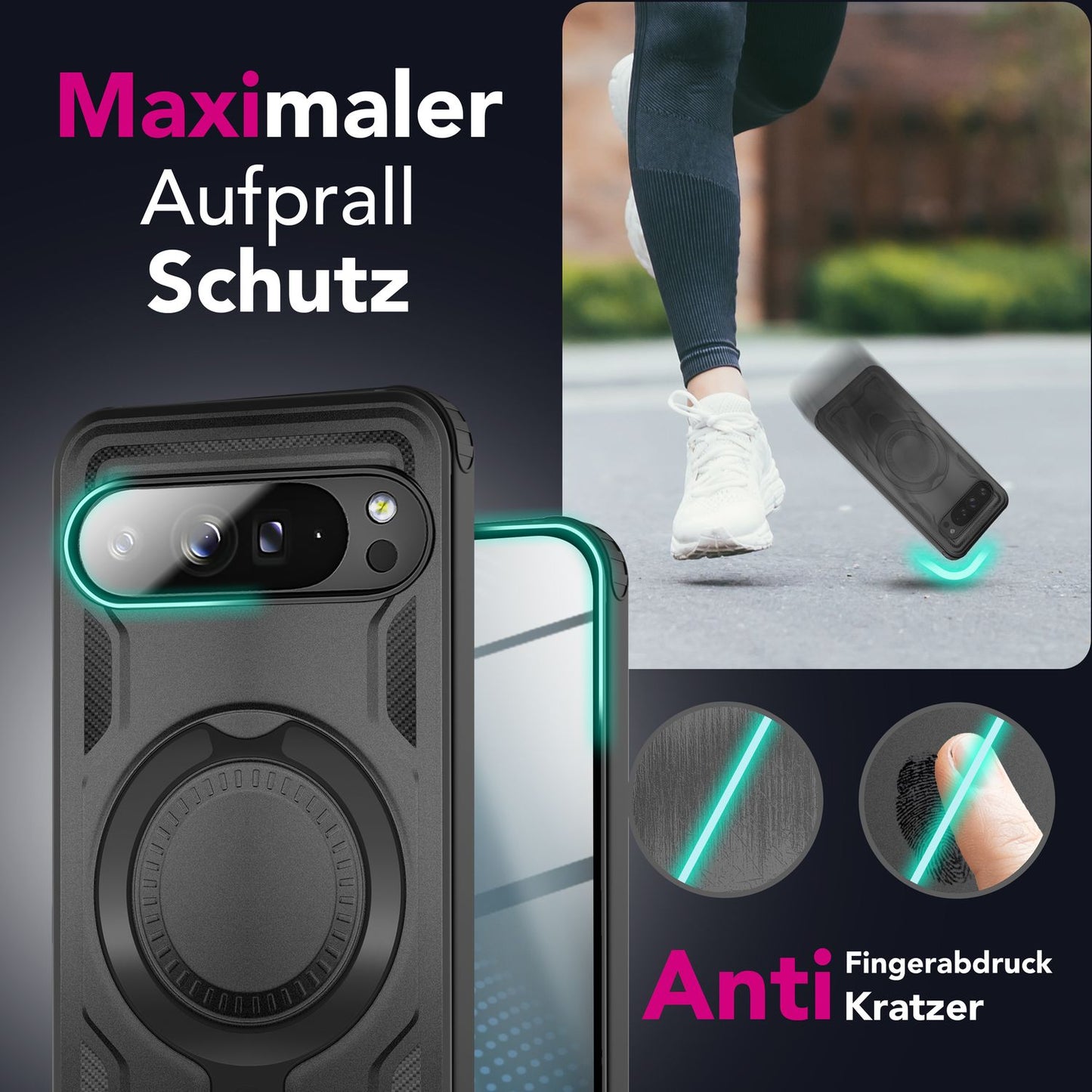 NALIA Magnetische Panzerhülle für Google Pixel 9 Pro – Ring-Halterung 360° & MagSafe kompatibel – STORMGUARD (Outdoor Case) – Marke aus Berlin
