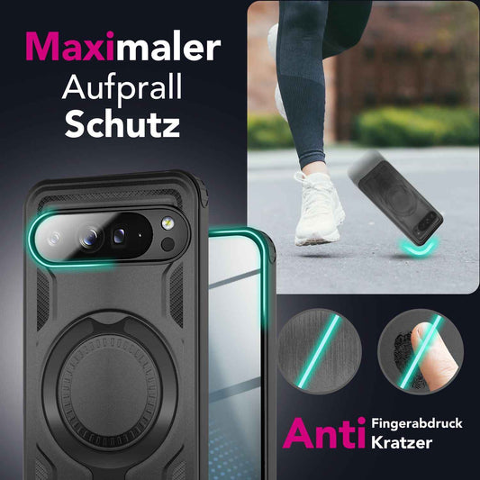 NALIA Magnetische Panzerhülle für Google Pixel 9 Pro – Ring-Halterung 360° & MagSafe kompatibel – STORMGUARD (Outdoor Case) – Marke aus Berlin