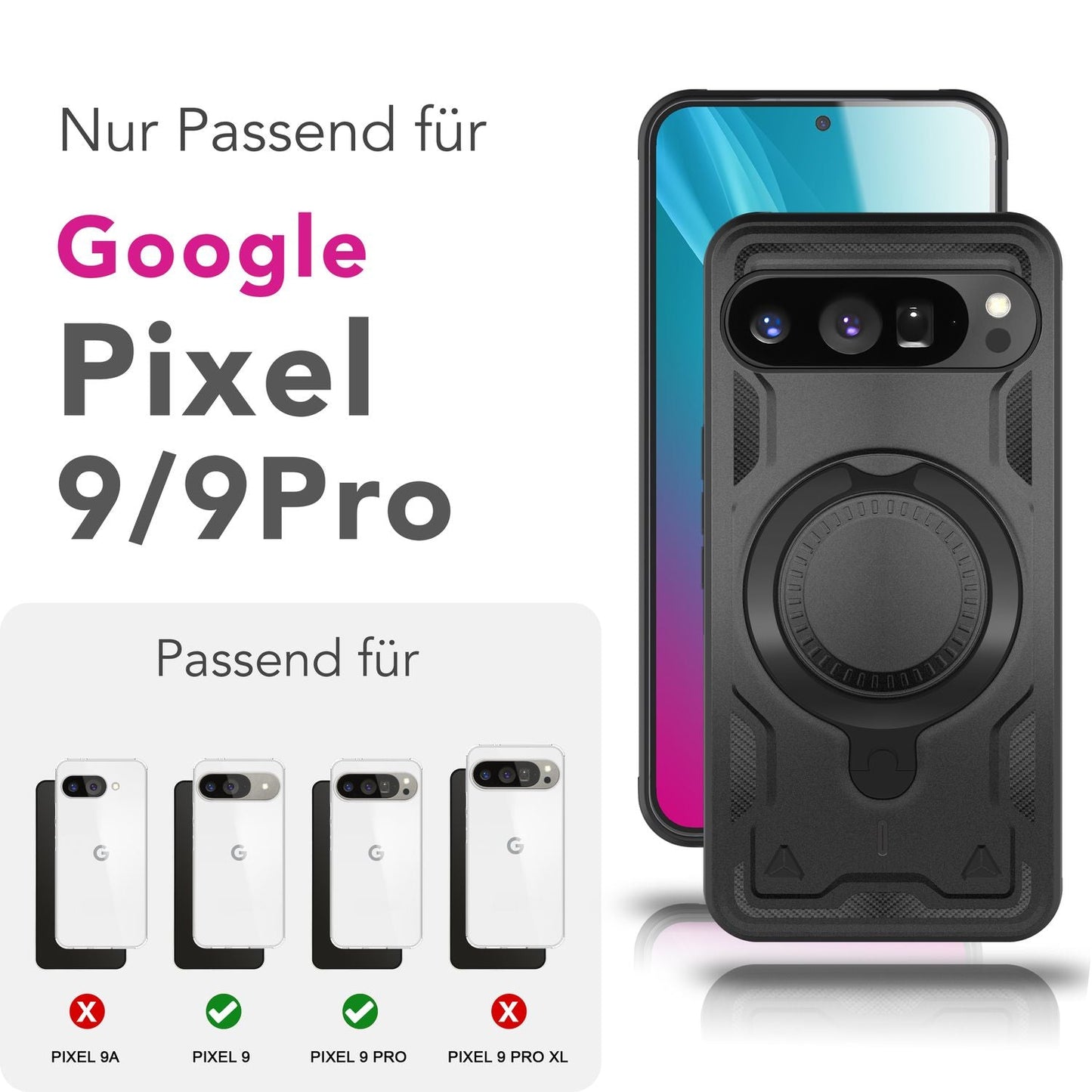 NALIA Magnetische Panzerhülle für Google Pixel 9 Pro – Ring-Halterung 360° & MagSafe kompatibel – STORMGUARD (Outdoor Case) – Marke aus Berlin