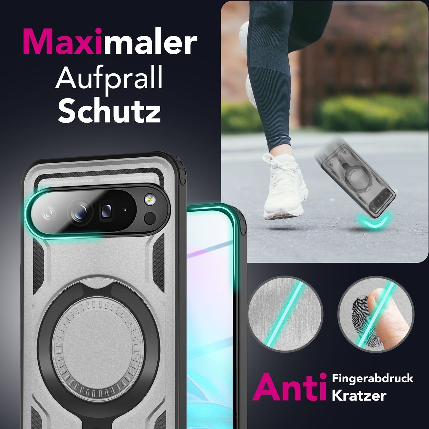 NALIA Magnetische Panzerhülle für Google Pixel 9 Pro – Ring-Halterung 360° & MagSafe kompatibel – STORMGUARD (Outdoor Case) – Marke aus Berlin