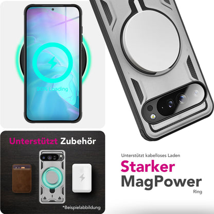 NALIA Magnetische Panzerhülle für Google Pixel 9 Pro – Ring-Halterung 360° & MagSafe kompatibel – STORMGUARD (Outdoor Case) – Marke aus Berlin