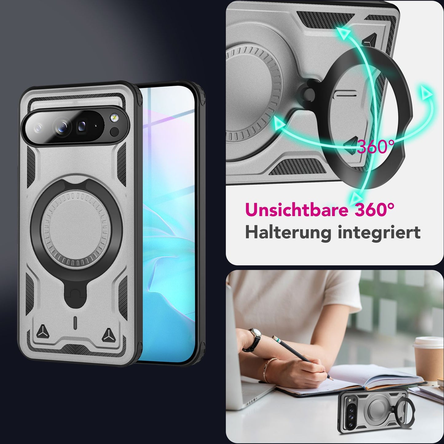 NALIA Magnetische Panzerhülle für Google Pixel 9 Pro – Ring-Halterung 360° & MagSafe kompatibel – STORMGUARD (Outdoor Case) – Marke aus Berlin