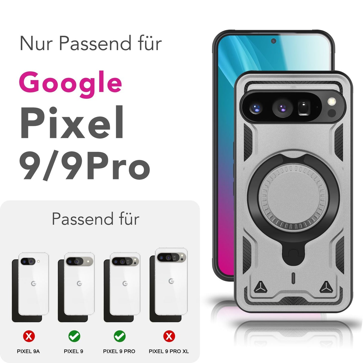 NALIA Magnetische Panzerhülle für Google Pixel 9 Pro – Ring-Halterung 360° & MagSafe kompatibel – STORMGUARD (Outdoor Case) – Marke aus Berlin