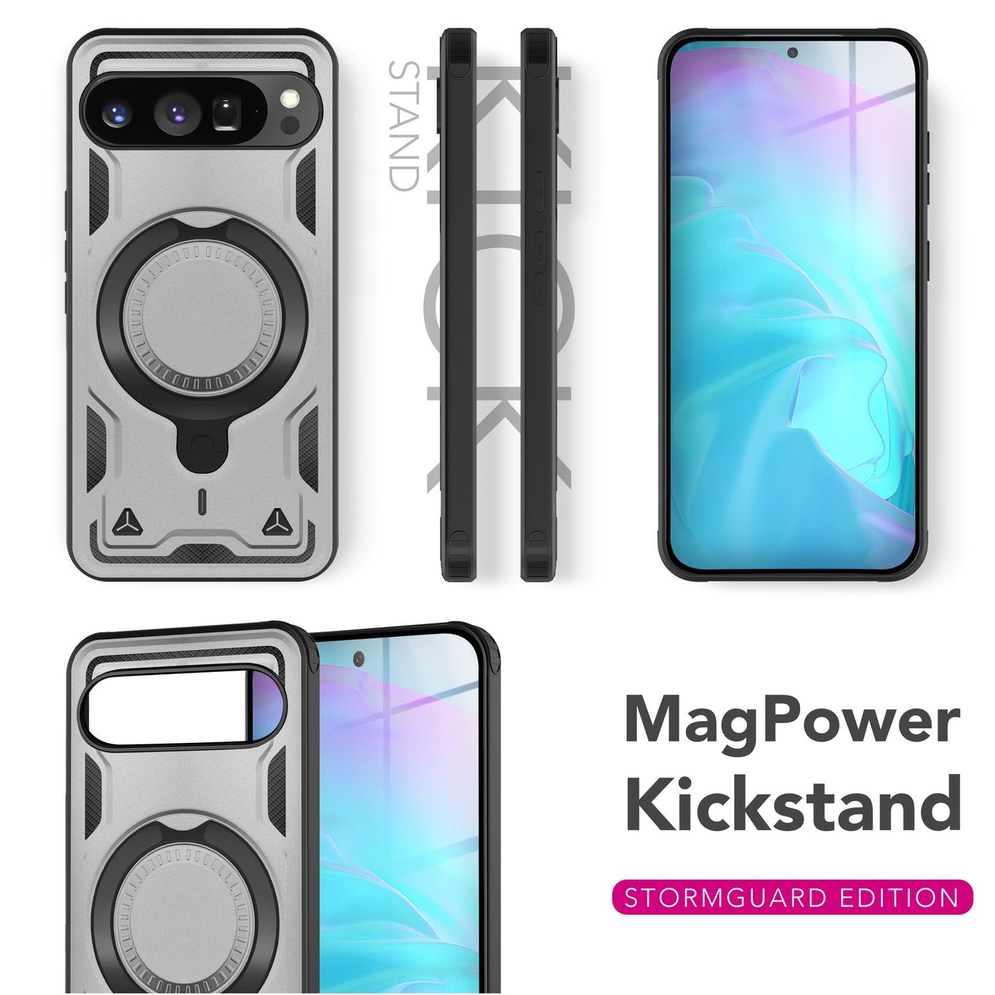 NALIA Magnetische Panzerhülle für Google Pixel 9 Pro – Ring-Halterung 360° & MagSafe kompatibel – STORMGUARD (Outdoor Case) – Marke aus Berlin