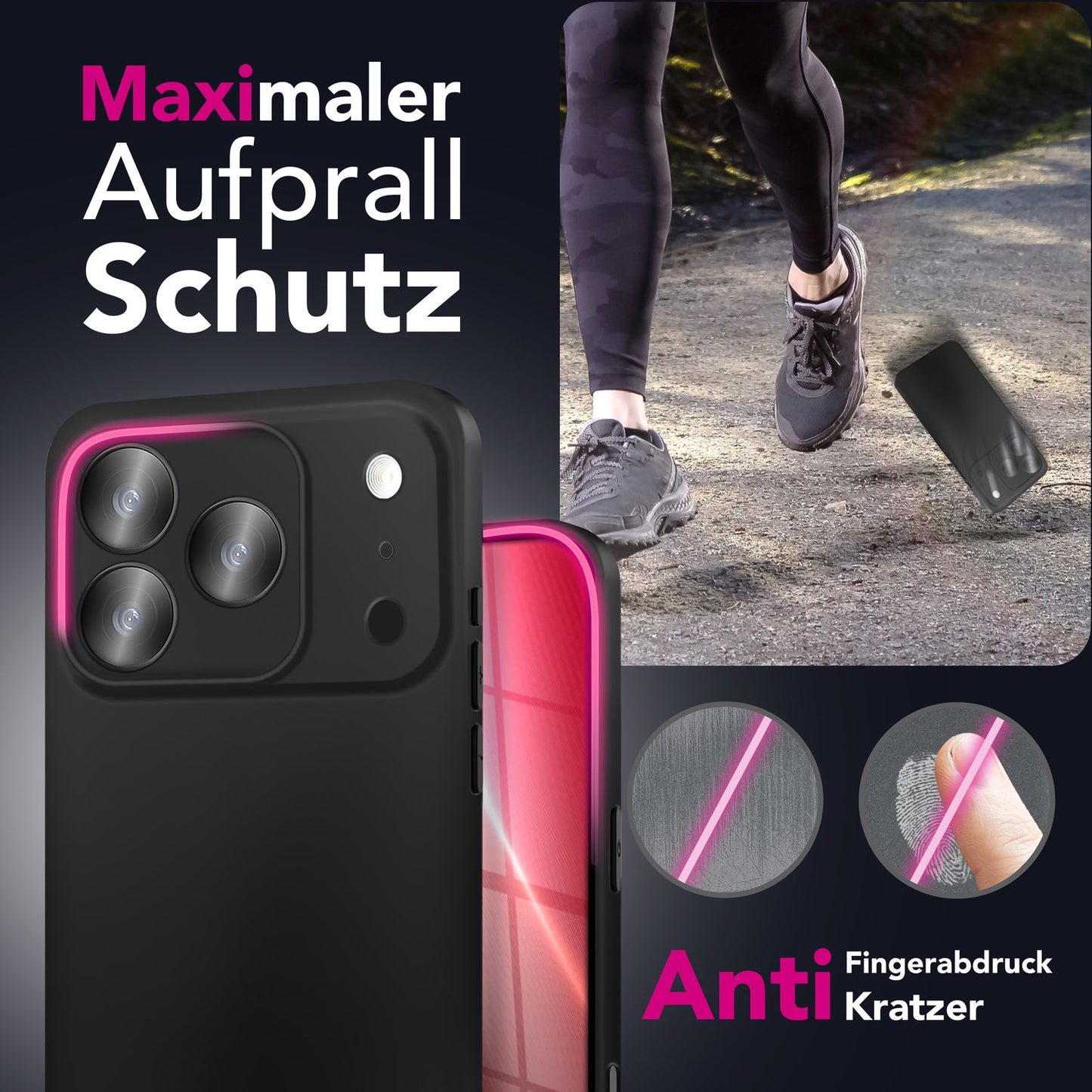 NALIA Matte Silikonhülle für iPhone 17 Pro – Slim, Schwarz & Rutschfest – STRIDER (Soft Case, Kameraschutz & Stoßfest) – Marke aus Berlin